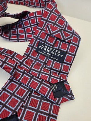 Charles Tyrwhitt Silk Tie Mens Red Blue Geometric Squares Wedding Neck Tie Vintage Retro Formal