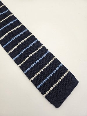 D.berite Skinny Knitted Navy Tie Men Striped Woven Square End Necktie Mod Mens Vintage Retro