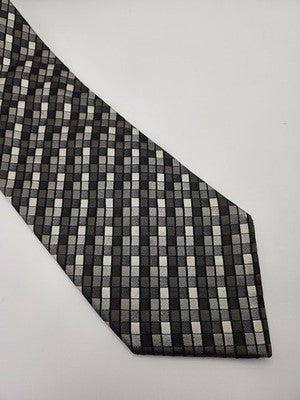 Kenzo Homme Silk Tie Mens Black Grey Silver Geometric Check Wedding Neck Tie Vintage Retro