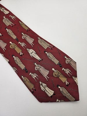 Aquascutum Silk Tie Mens Red Trench Coat Figures Novelty Vtg Wedding Neck Tie Vintage Retro