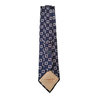Ermenegildo Zegna Navy and Grey Embroidered Silk Tie Mens Vintage Retro Wedding Formal Designer