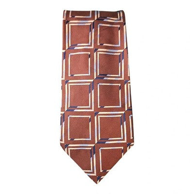 TM Lewin Brown Retro Square Panel Silk Tie Mens Vintage Wedding Formal Designer Classic Necktie