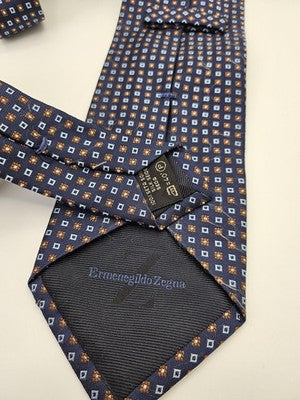 Ermenegildo Zegna Silk Tie Mens Blue Brown Geometric Floral Wedding Neck Tie Vintage Retro