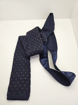 H.E. by Mango Skinny Knitted Navy Tie Men Polka Dot Square End Necktie Mod Mens Vintage Retro