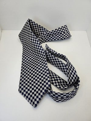 Charles Tyrwhitt Silk Tie Mens Blue Silver Checked Geometric Wedding Neck Tie Vintage Retro