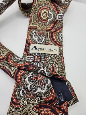 Aquascutum Silk Tie Mens Red Gold Navy Paisley Floral Vtg Wedding Neck Tie Vintage Retro Formal
