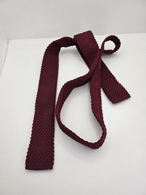 Skinny Knitted Burgundy Tie Men Textured Woven Square End Necktie Mod Mens Vintage Retro