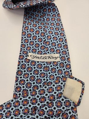 YSL Silk Tie Mens Blue Orange Geometric Squares Vtg Wedding Neck Tie Vintage Retro Formal