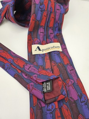 Aquascutum Silk Tie Mens Purple Red Abstract Figures Vtg Wedding Neck Tie Vintage Retro Formal