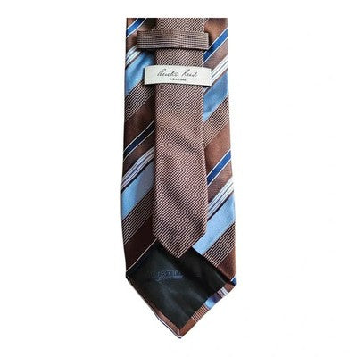 Austin Reed Brown and Blue Striped Silk Tie Mens Vintage Retro Wedding Formal Designer Classic
