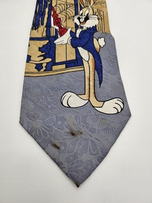 Golden King Cat Silk Tie Mens Grey Blue Bugs Bunny Novelty Vtg Neck Clearance Vintage Retro