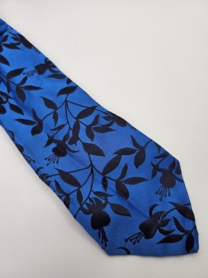 Duchamp London Silk Tie Mens Blue Black Floral Leaf Wedding Neck Tie Vintage Retro Formal