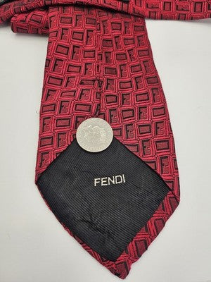 Fendi Silk Tie Mens Red Black Geometric FF Logo Vtg Retro Wedding Clearance Vintage Formal