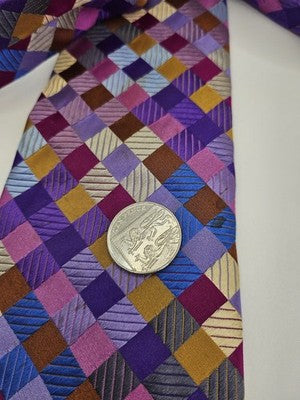 Duchamp Silk Tie Mens Purple Blue Gold Geometric Check Vtg Wedding Clearance Vintage Retro
