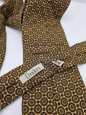 Drake's Silk Tie Mens Gold Brown Geometric Medallion Vtg Wedding Neck Tie Vintage Retro Formal