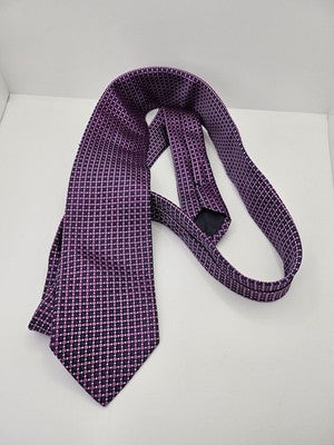 Hugo Boss Silk Tie Mens Purple Navy Geometric Checks Wedding Neck Tie Vintage Retro Formal
