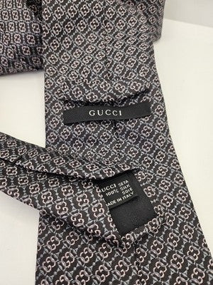 Gucci Silk Tie Mens Black Grey Pink GG Monogram Logo Vtg Wedding Neck Tie Vintage Retro Formal