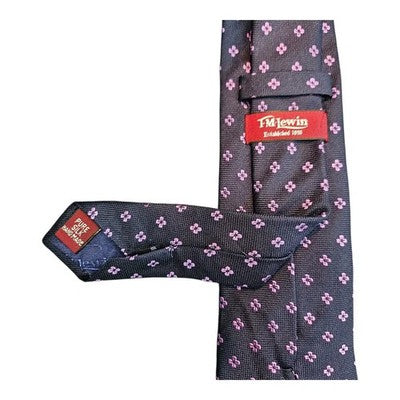 TM Lewin Navy Silk Tie with Purple Daisy Pattern Mens Vintage Retro Wedding Formal Designer