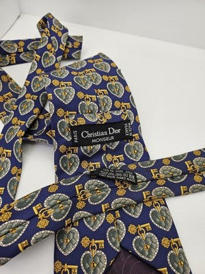 Christian Dior Silk Tie Mens Blue Gold Hearts Keys Vtg Wedding Neck Tie Vintage Retro Formal