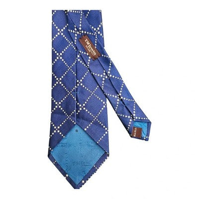 TM Lewin Blue and White Geometric Pattern Silk Tie Mens Vintage Retro Wedding Formal Designer
