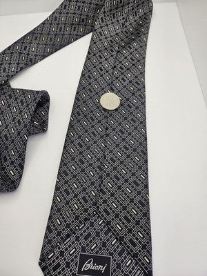 Brioni Silk Tie Mens Black Beige Geometric Square Vtg Wedding Neck Tie Clearance Vintage Retro