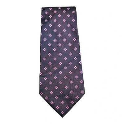 TM Lewin Navy Silk Tie with Purple Daisy Pattern Mens Vintage Retro Wedding Formal Designer