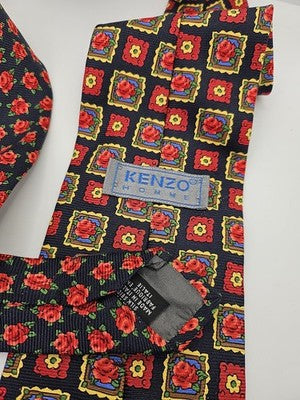 Kenzo Silk Tie Mens Black Red Floral Roses Framed Vtg Wedding Neck Tie Vintage Retro Formal