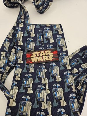 Star Wars Silk Tie Mens Blue Grey R2-D2 Droid Novelty Vtg Wedding Clearance Vintage Retro