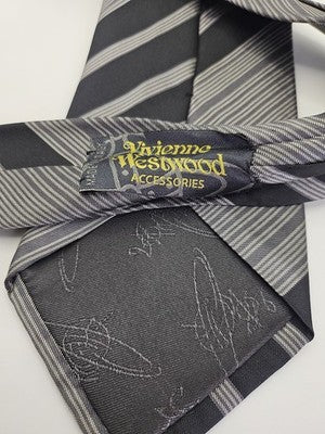 Vivienne Westwood Silk Tie Mens Black Grey Striped Vtg Wedding Neck Clearance Vintage Retro