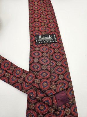 Harrods Silk Tie Mens Red Blue Green Medallion Floral Vtg Wedding Neck Tie Vintage Retro Formal