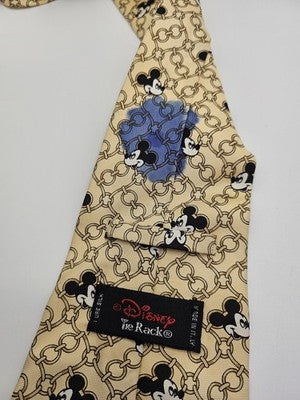 Disney Tie Rack Silk Tie Mens Beige Gold Mickey Mouse Novelty Vtg Clearance Vintage Retro