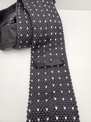 Skinny Knitted Grey Tie Men Polka Dot Woven Square End Necktie Mod Mens Vintage Retro Wedding