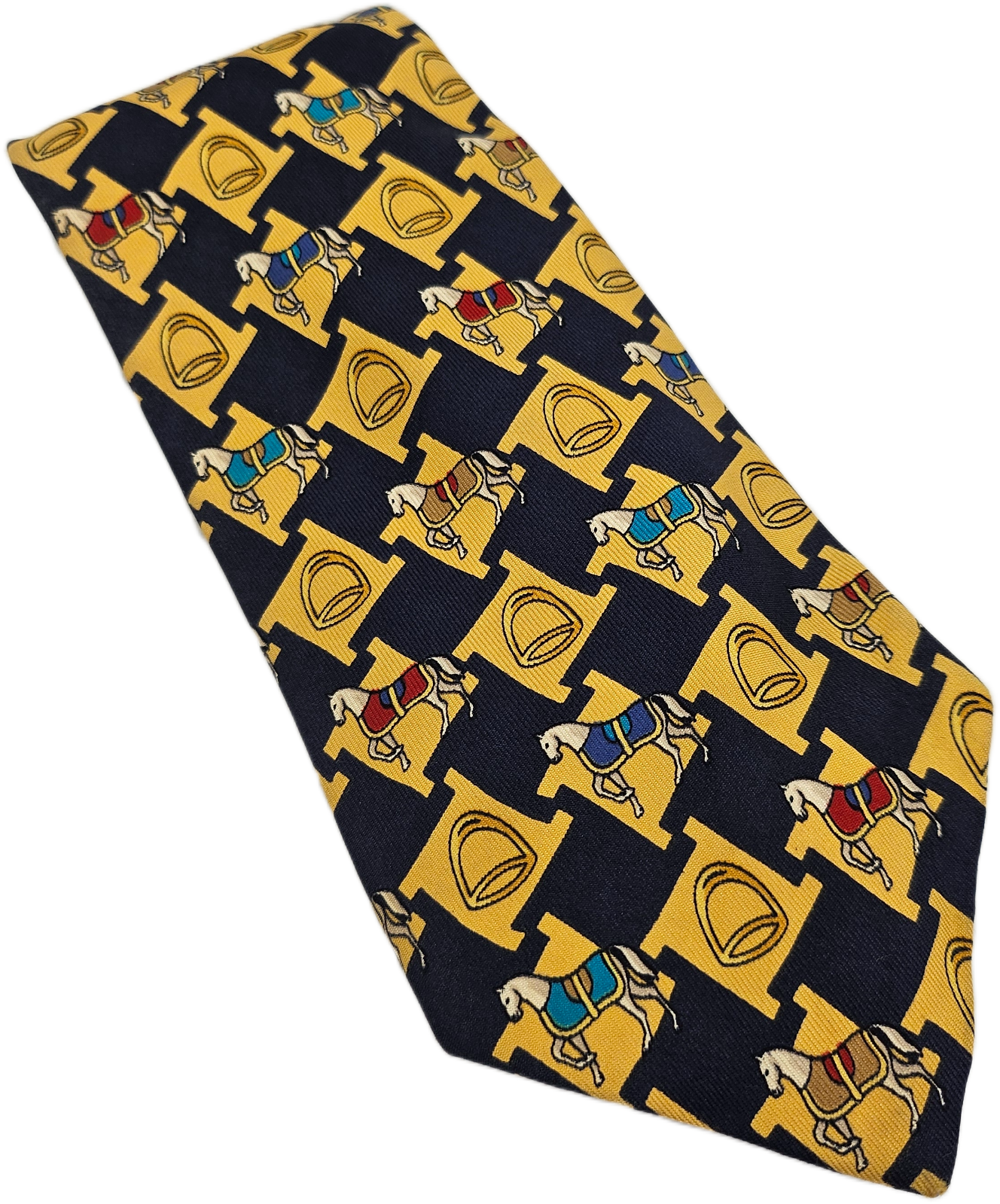 Thomas Pink Silk Tie Mens Black Yellow Equestrian Horse Novelty Vtg Necktie BX26