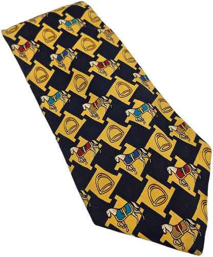 Thomas Pink Silk Tie Mens Black Yellow Equestrian Horse Novelty Vtg Necktie BX26