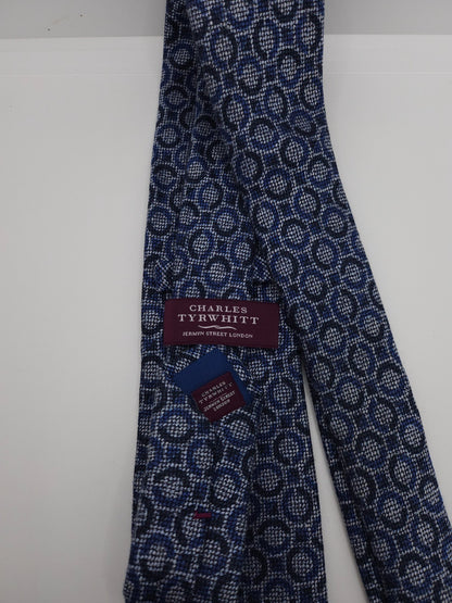 Charles Tyrwhitt Silk Tie Mens Navy Blue Geometric Circular Pattern Necktie BX13
