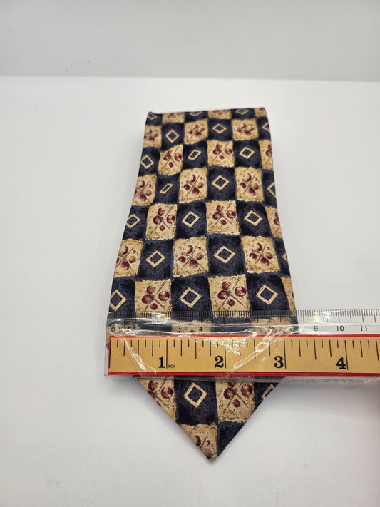 Vintage Mens Silk Tie Marks & Spencer Navy Gold Geometric Retro Neck Tie BX25