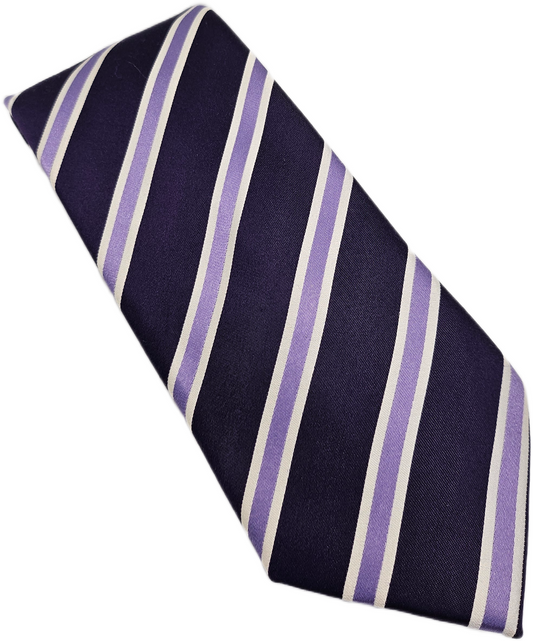 Vintage Men Silk Tie M&S Navy Purple Striped Business Wedding Retro Necktie BX25