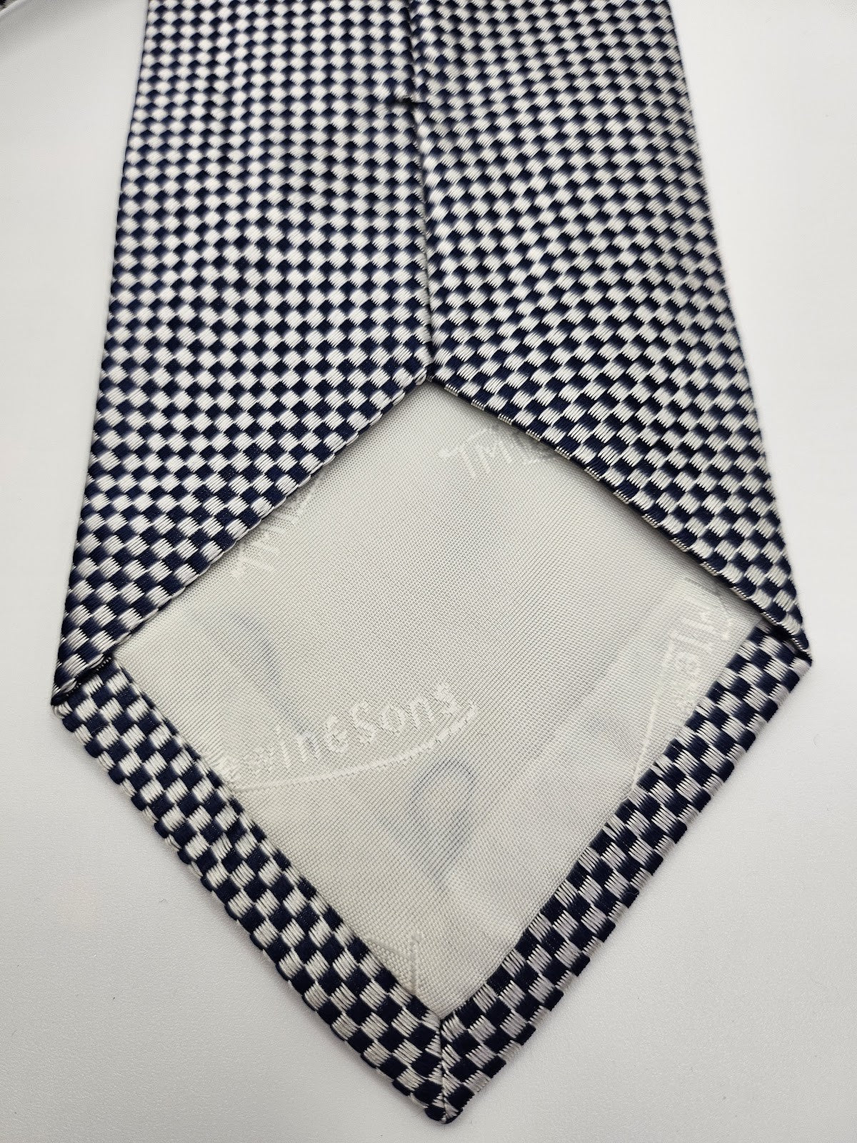 Unknown Mens Silk Tie Navy Blue White Checked Vtg Retro Wedding Neck Tie