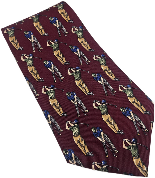 Kensington Silk Tie Men Burgundy Novelty Golf Wedding Retro Vintage Necktie BX24
