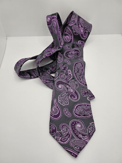 Marks & Spencer Mens Silk Tie Grey Purple Paisley Vtg Retro Wedding Neck Tie