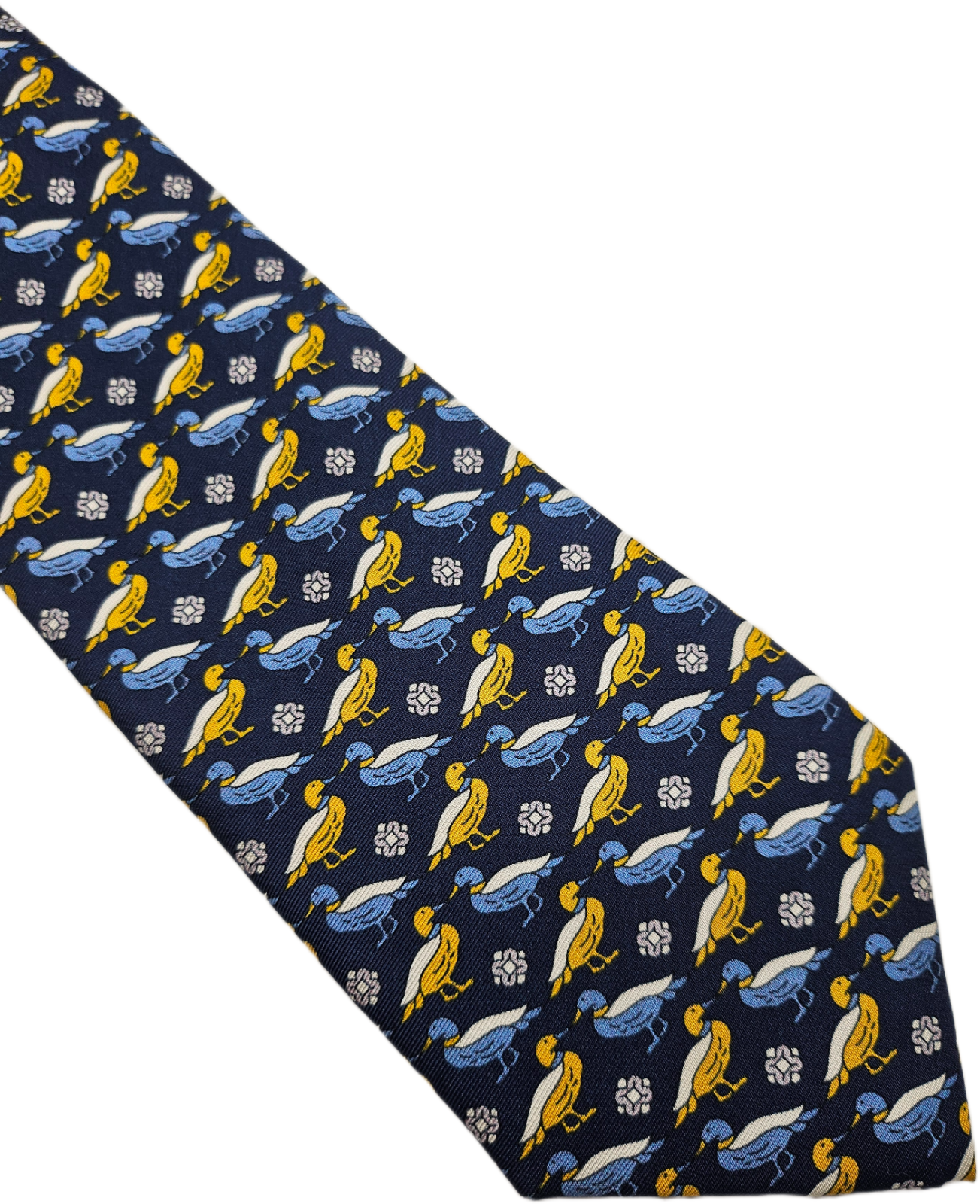 T.M. Lewin Silk Tie Men Navy Blue Yellow Mallard Duck Waterfowl Vtg Necktie BX20
