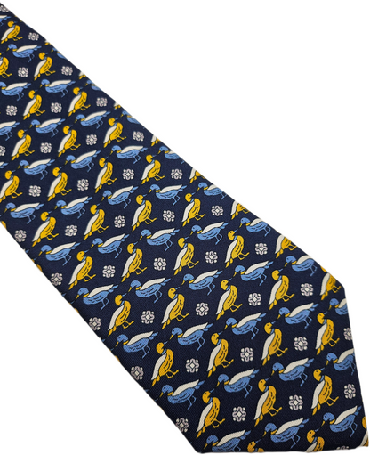 T.M. Lewin Silk Tie Men Navy Blue Yellow Mallard Duck Waterfowl Vtg Necktie BX20