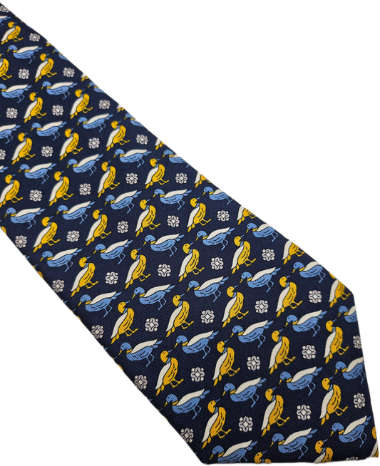 T.M. Lewin Navy Blue Yellow Mallard Duck Waterfowl Silk Tie