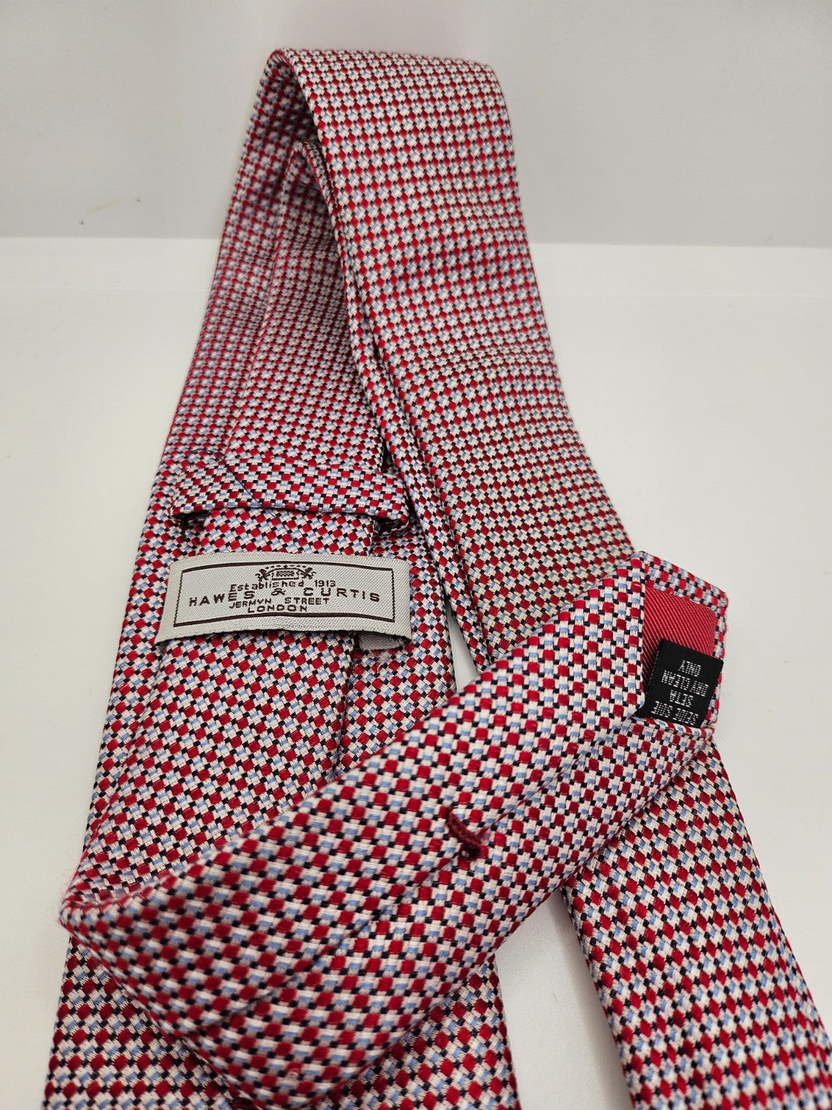 Hawes & Curtis Silk Tie Mens Red Blue White Micro Geometric Wedding Neck Tie BX1