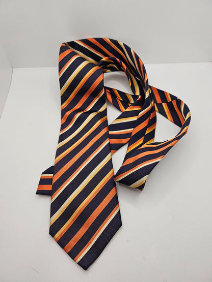 T.M. Lewin Silk Tie Mens Navy Blue Orange Diagonal Repp Stripe Vtg Neck Tie BX26