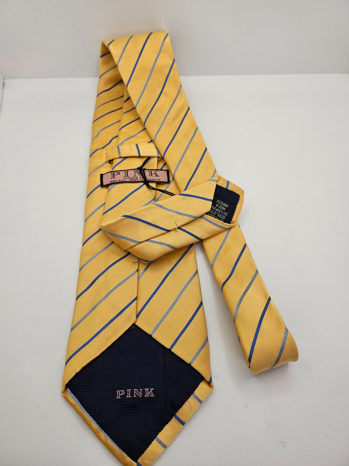 Thomas Pink Yellow Navy Blue Striped Silk Tie