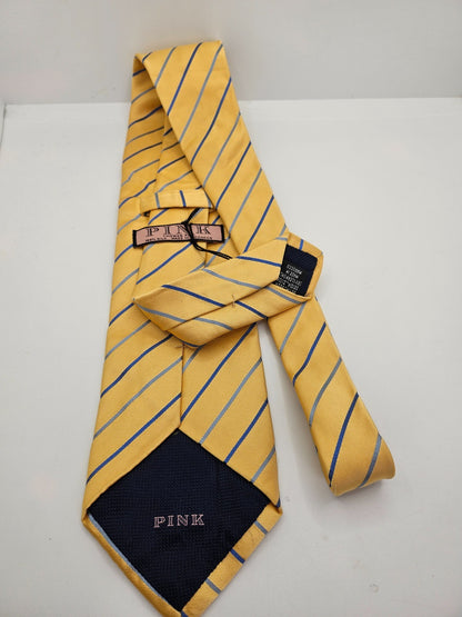 Thomas Pink Yellow Navy Blue Striped Silk Tie