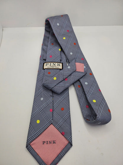 Thomas Pink Grey Glen Plaid Polka Dots Silk Tie
