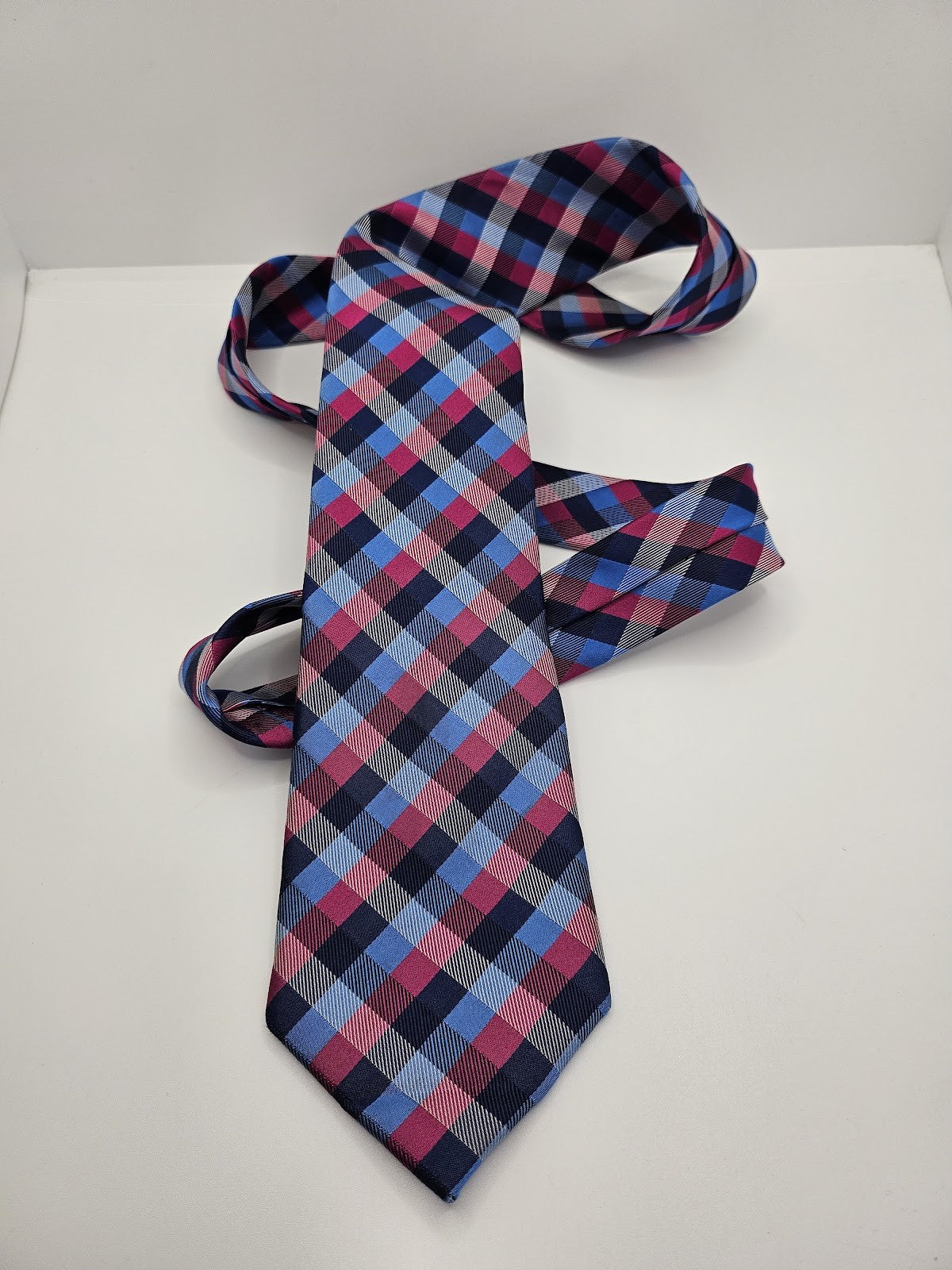 Austin Reed Mens Silk Tie Blue Pink Checked Vtg Retro Wedding Neck Tie