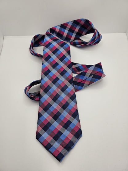 Austin Reed Mens Silk Tie Blue Pink Checked Vtg Retro Wedding Neck Tie